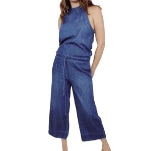 Anthropologie Cloth & Stone Denim Jumpsuit Wide Leg Halter Neck Size XS
